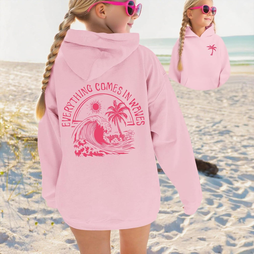 Girls Palm Graphic Hoodie Beach Cute Hoodies With Pocket Kids Preppy Sweatshirt Ocean Pullover Long Sleeve Top