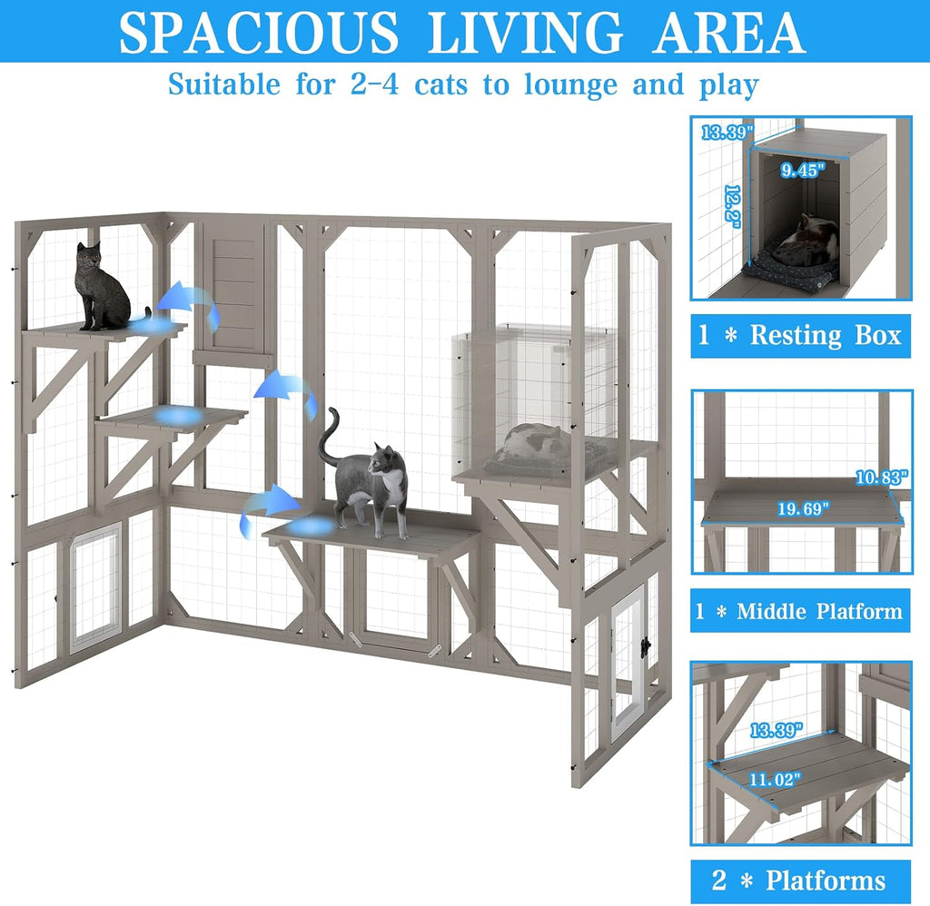 59.06" L Large Catio Outdoor Cat Enclosure, Wooden Window Cat House with 3 Jumping Platforms & Resting Room for Feral