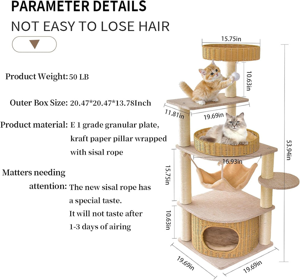 Modern Wood Cat Tree for Large Cats, Multi-Level Cat Tower with Handwoven Condo, Heavy Duty Cat Furniture with Sisal