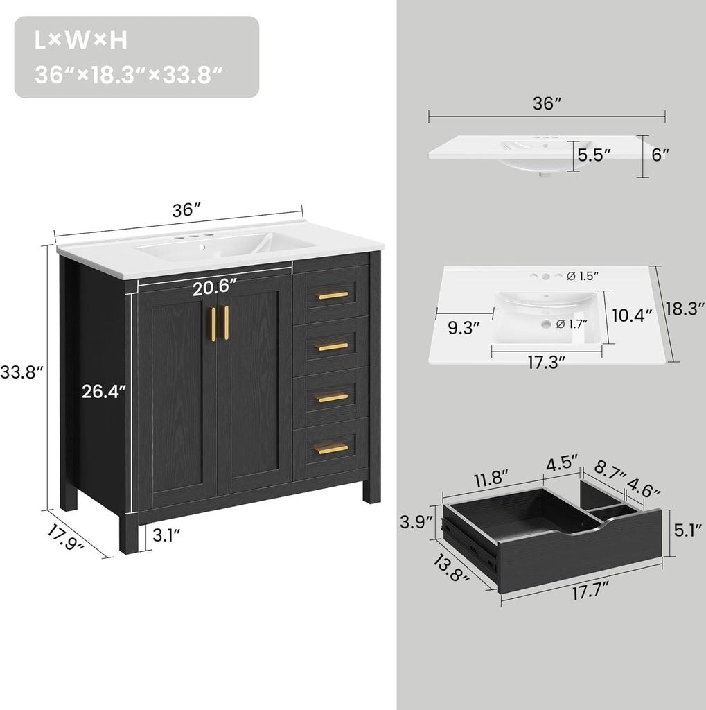 36 Inch Black Bathroom Vanity with Sink, Modern Single Sink Bath Vanity with Drawers & 2 Doors