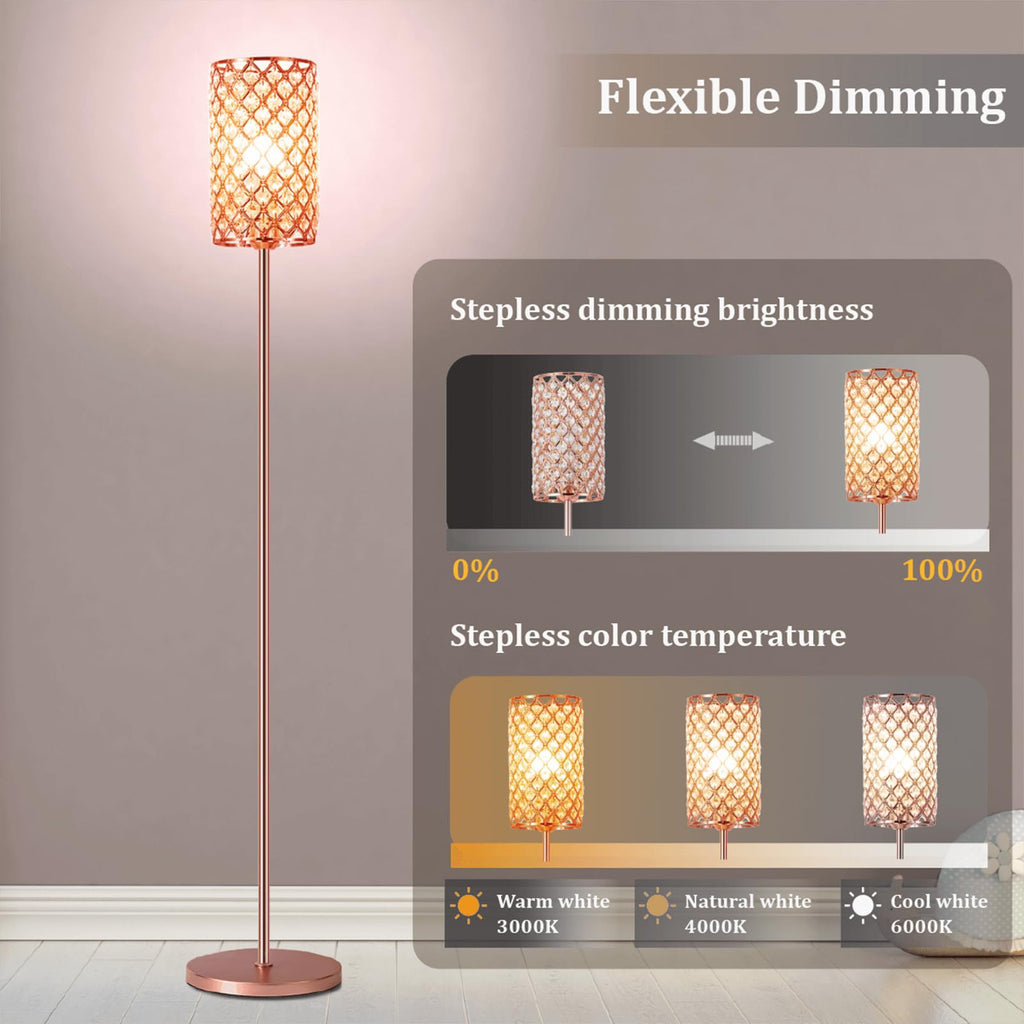 Crystal Floor Lamp with Remote Control, Smart Rose Gold Floor Lamps with Bulb Included, Crystal Standing Lamp Rose