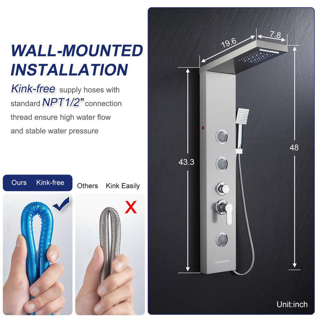 6-in-1 LED Rainfall Waterfall Shower Panel Tower System, Brushed