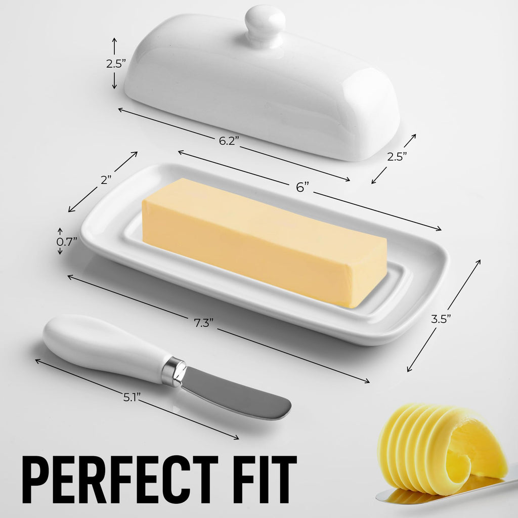 Ceramic Butter Dish with Lid For Countertop & Stainless Steel Knife - Keeps Butter Soft & Fresh - White Butter Dish