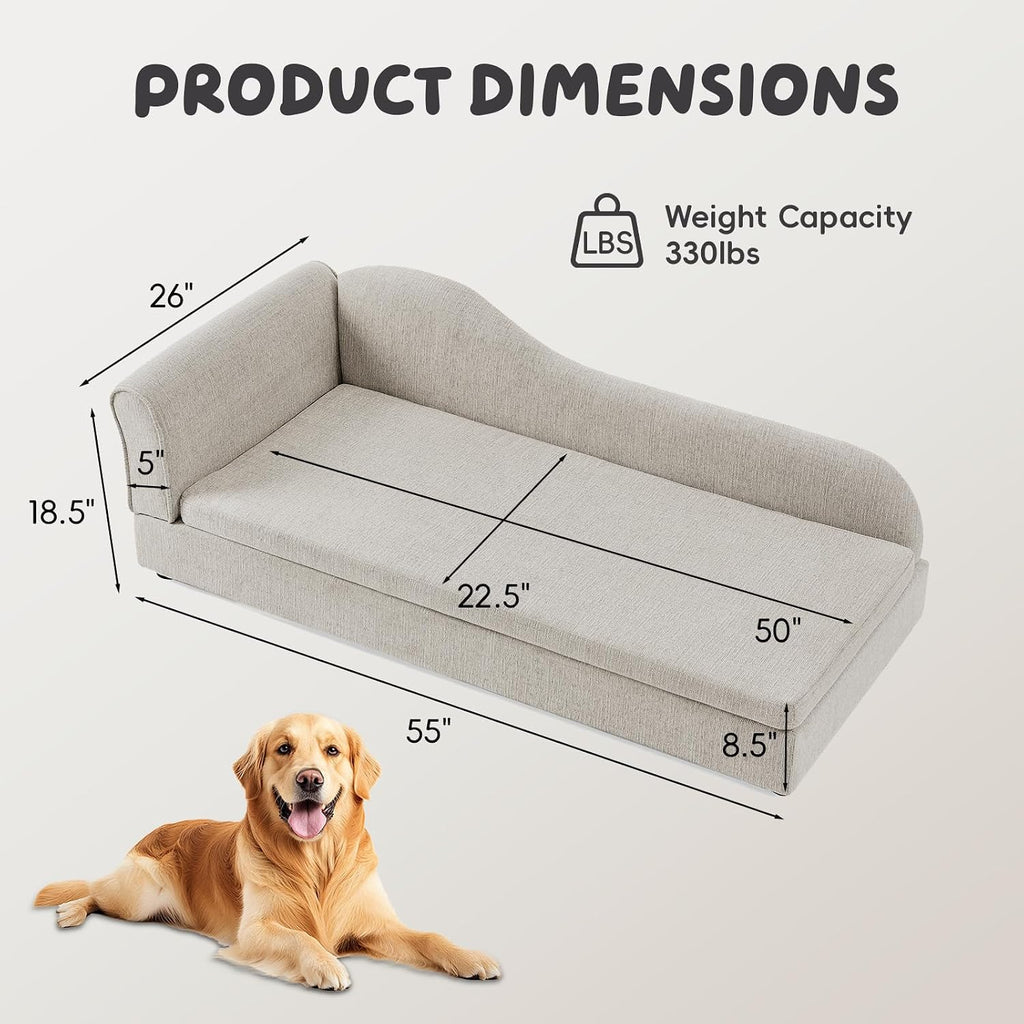 Elevated Dog Couch, Linen Pet Sofa with Wave Backrest & Single Armrest