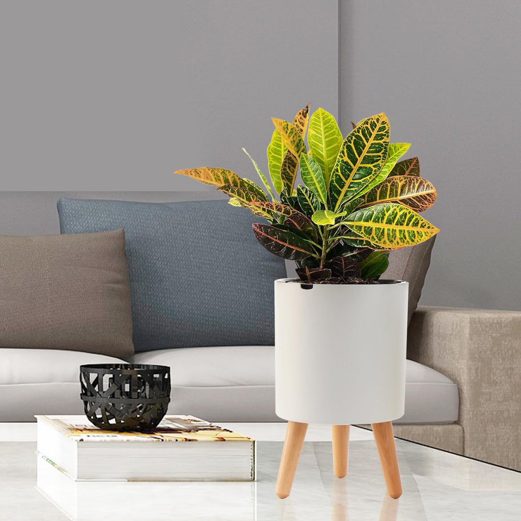 7.8 Inch Planter Pot with Solid Wood Legs, Self Watering Planter Pots with Water Shortage Alarm Planter Pot for