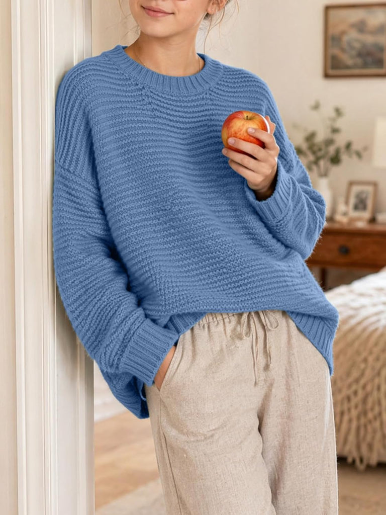 Knit Sweater Long Sleeve Crewneck Solid Soft Loose Pullover for Tween Warm Casual Fall Winter School Top