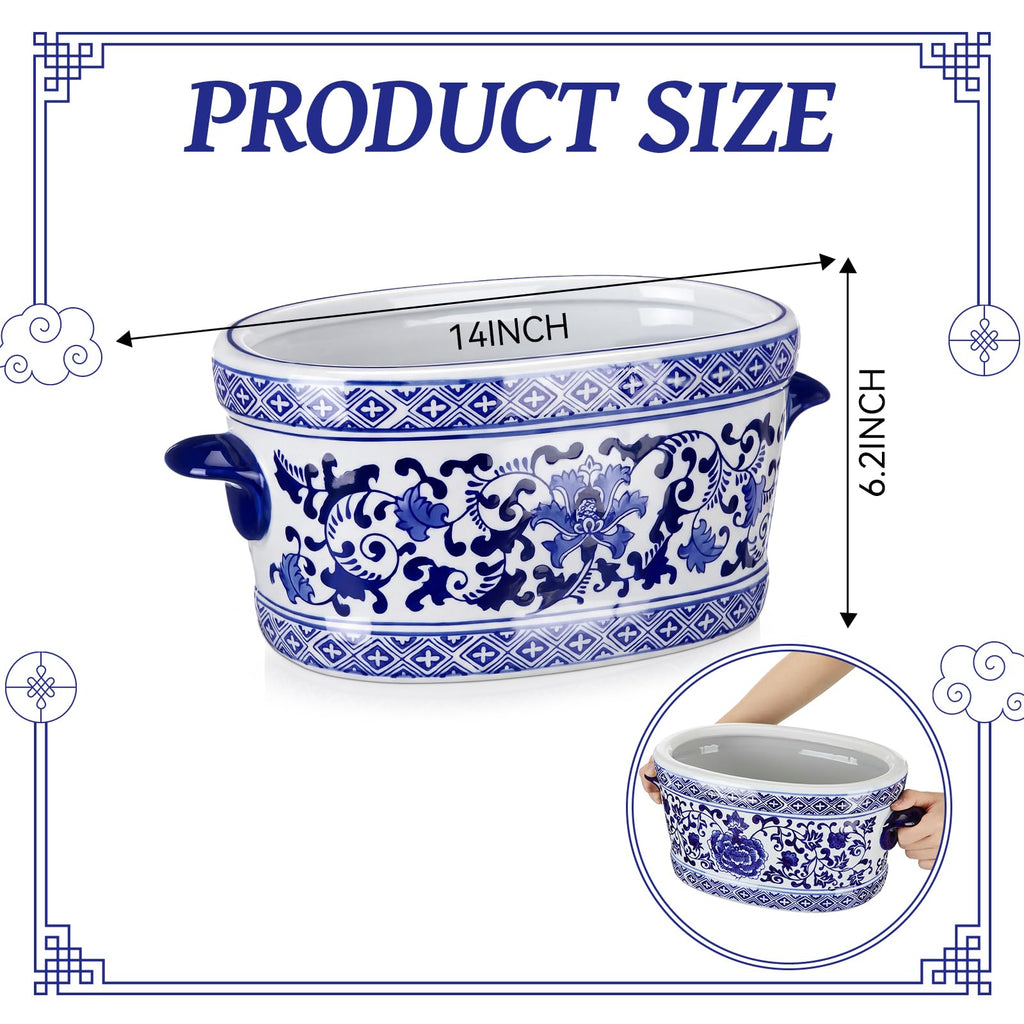 Blue and White Chinoiserie Ceramic Planter, Elegant