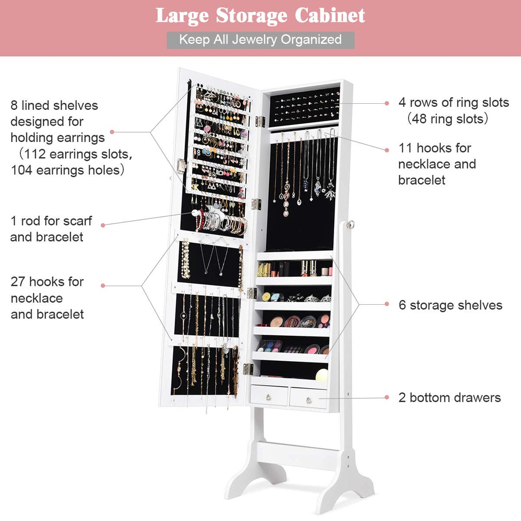 Lockable Standing Jewelry Armoire with Full Length Mirror, White
