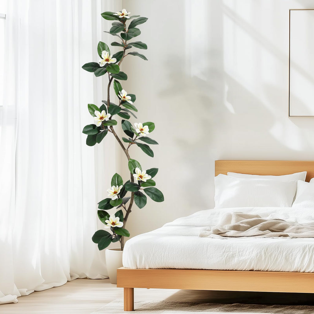 Rubber Tree 7 ft Artificial Tree in White Planter Pot, Indoor