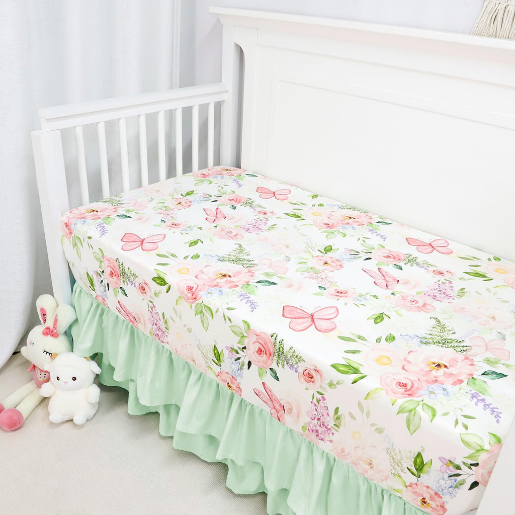 4 Piece Crib Bedding Set for Girls, Baby Girl Crib Bedding Set Butterflies Floral Nursery Bedding Set Includes