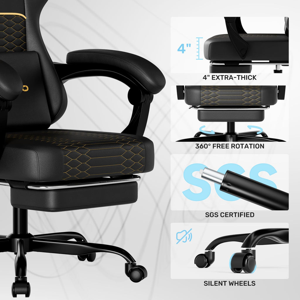 Gaming Chair with Footrest, Ergonomic Video Game Chair with Adjustable Lumbar and Headrest Massage Support, PU Leather