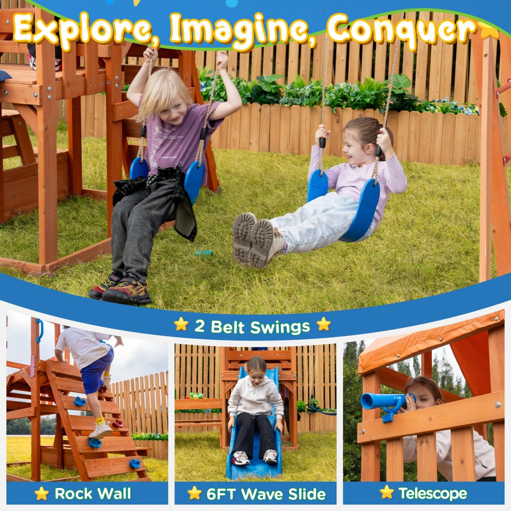 Playground Cedar Wooden Swing Sets for Backyard with Monkey Bar