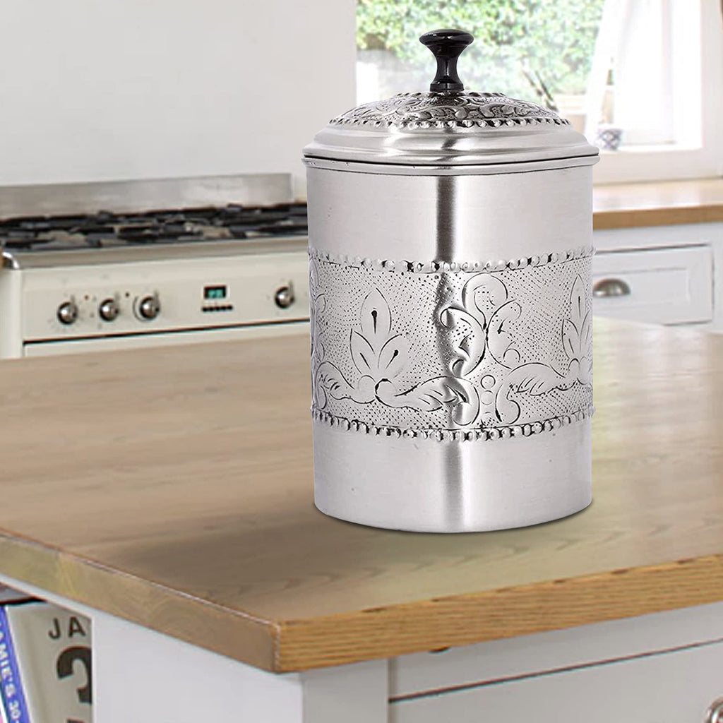 Antique Pewter Embossed 5.5 QT Stainless Steel Canister, Beautiful Food Storage Container Counter, Tea, Sugar