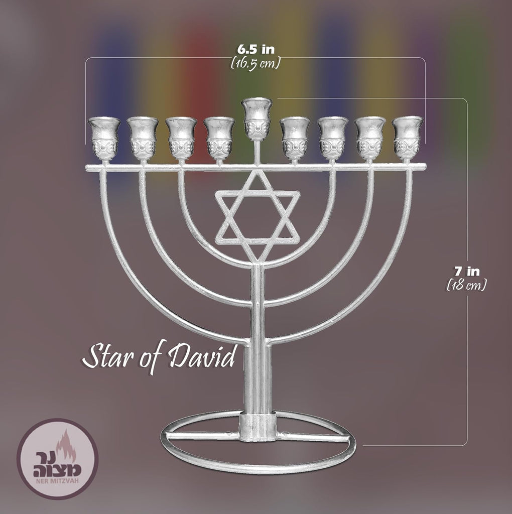 Hanukkah with Jewish Star - Fits All Standard Chanukah Candles - Sleek Wireframe Silver Chanukah Modern Davids Star