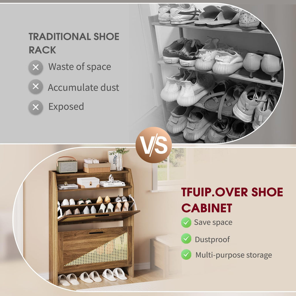 Rattan Shoe Storage Cabinet with 2 Flip Drawers, Wooden Shoe Cabinet with Adjustable Shelf, Narrow Shoe Rack