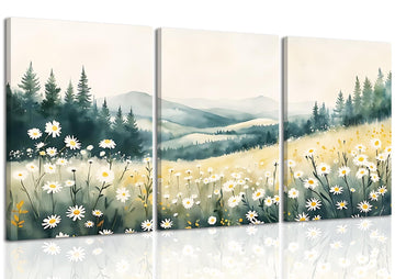 Boho Mountain Flower Wall Art Landscape Green Daisy Canvas Wall Decor Abstract Wildflower Art Prints Farmhouse