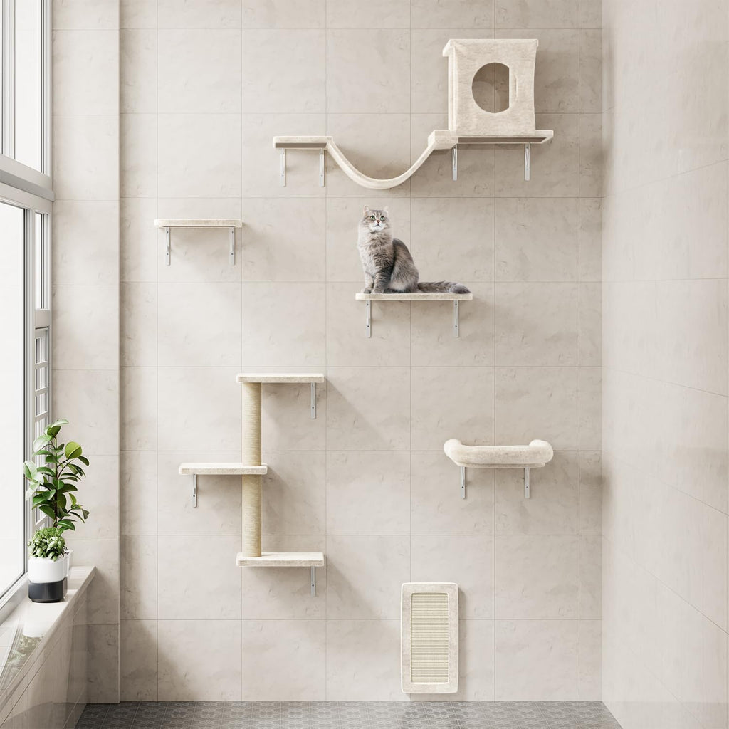 Cat Wall Shelves, 6 Pcs Luxury Wall-Mounted Cat Climber Set, Beige