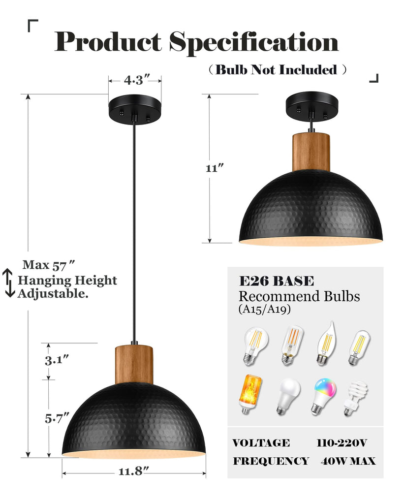 2 Pack Hammered Pendant Lights, 12" Industrial Metal Dome Hanging Lamp, Solid Wood Pendant Light Fixtures Island