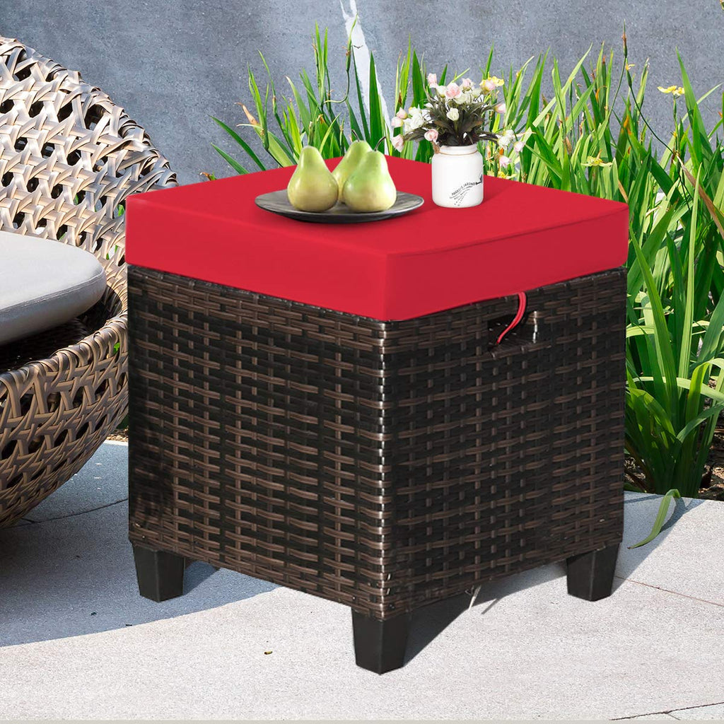 2PCS Patio Outdoor Ottomans, Rattan Wicker Ottoman Seat w/Removable Cushions, Rattan Footstool Footrest Seat Set