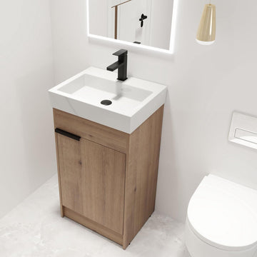 18-Inch Bathroom Vanity with Sink – Freestanding Storage Cabinet with Ceramic Basin, Soft-Close Door, Brown