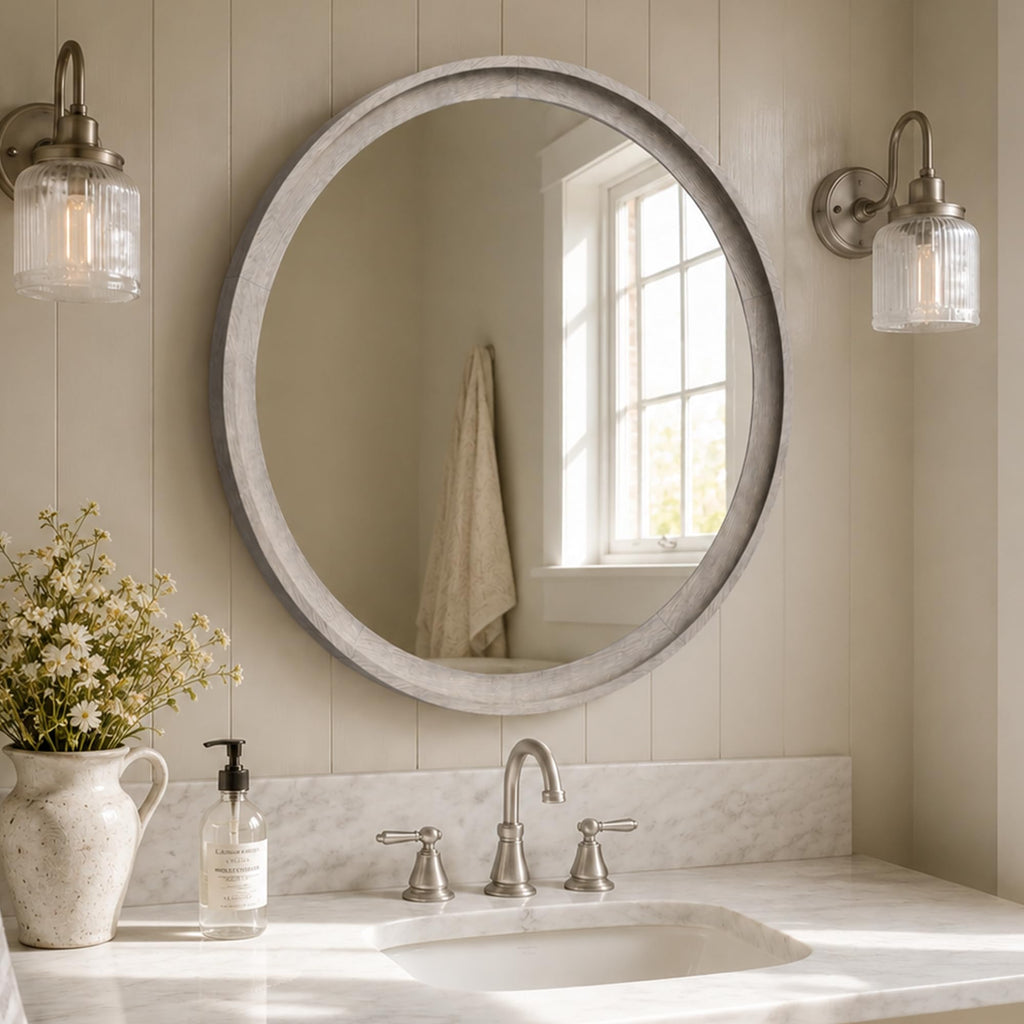 30 Inch Weathered Gray Round Bathroom Mirror for Vanity, Wood Frame