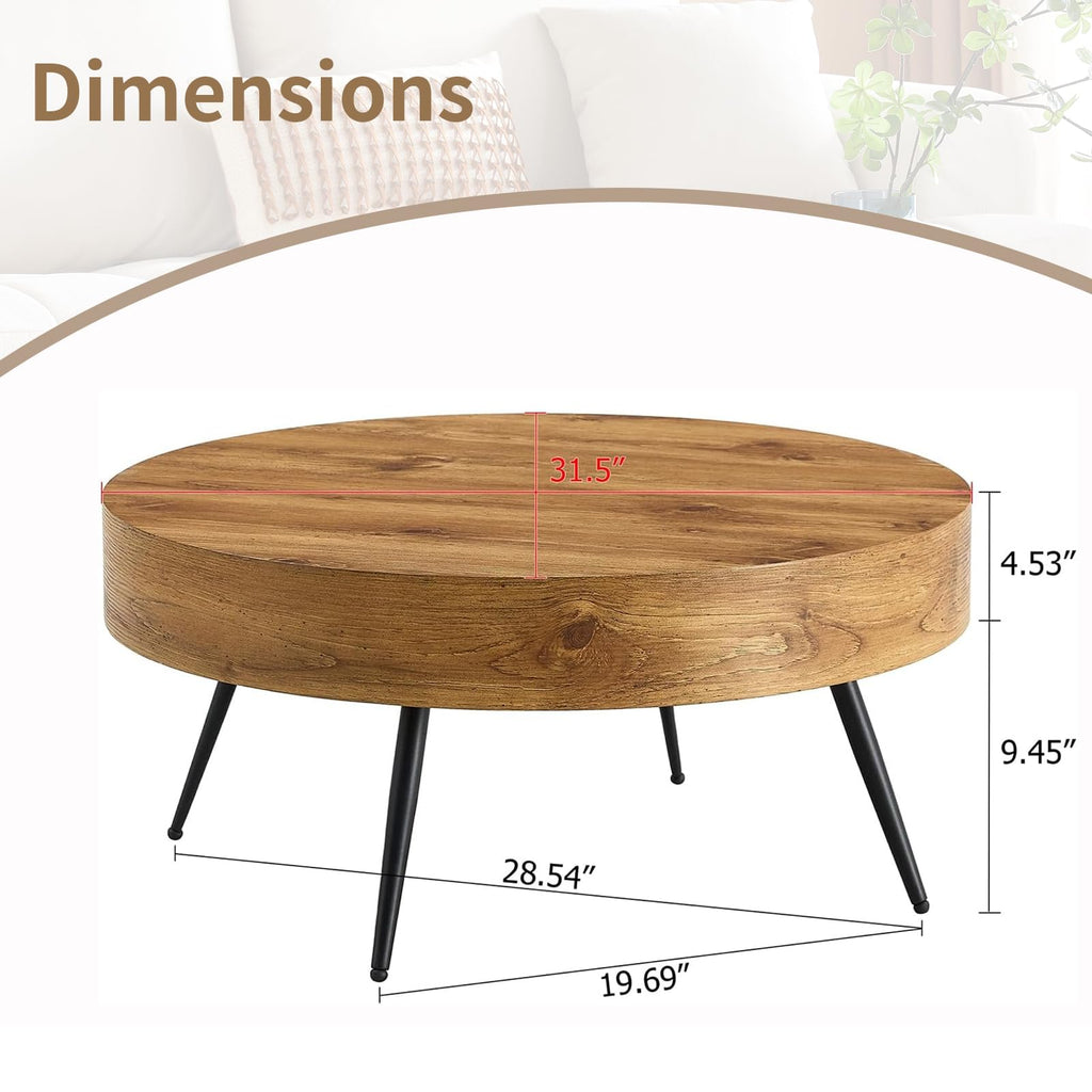 Round Coffee Table, Mid Century Small Coffee Table with Metal Legs, Wood Coffee Table Accent Center Table Apartment