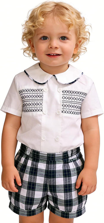 Smocked toddler boy outfits Summer Cotton Short Sleeve boys' button-down shirts Casual 2 piece Clothing Set