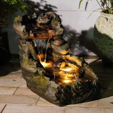 Water Fountain Outdoor Floor Standing 5-Tiers Rock Natural Waterfall Outdoor Garden Fountains with LED Lights Art Decor