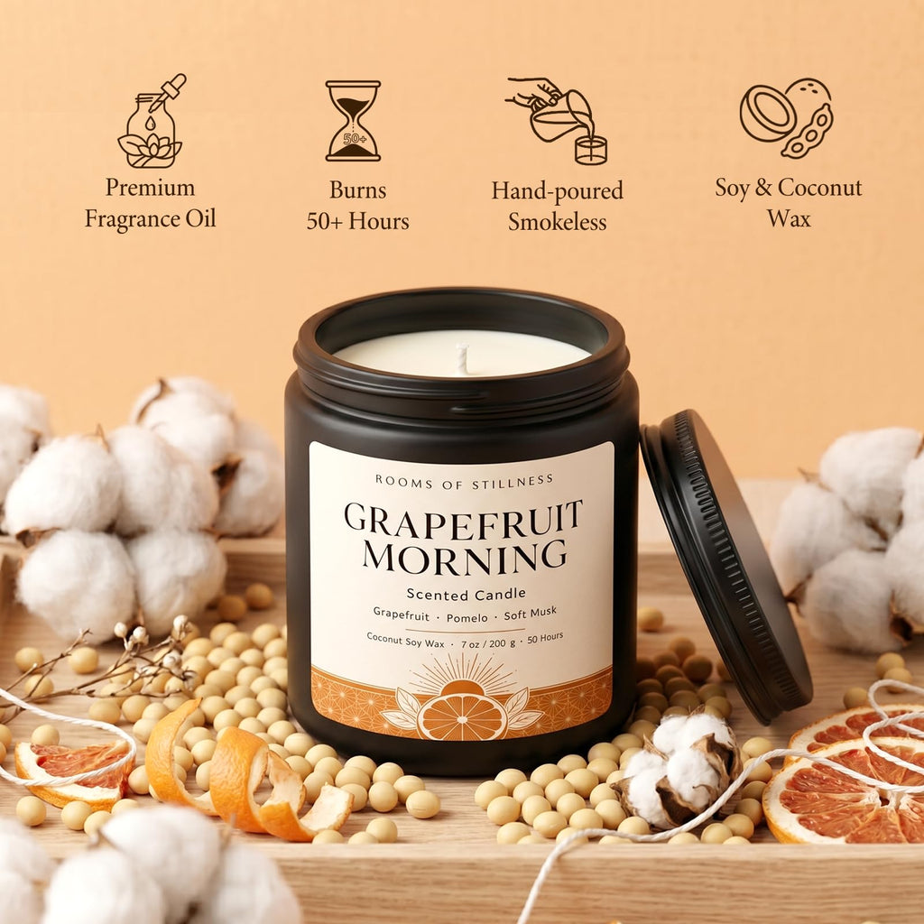 7OZ Grapefruit Scented Candle, Strong Room-Filling Aroma, Luxury Coconut Soy Wax Blend Jar Candles, 50H+ Long