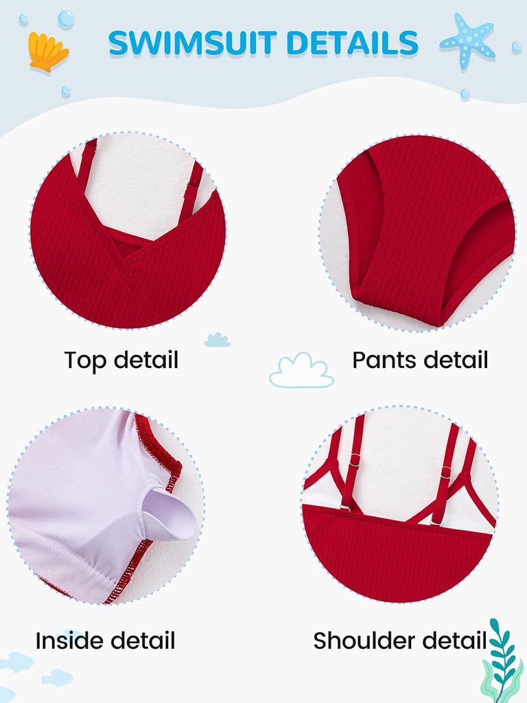 Girl's 2 Piece Ribbed Swimsuit V Neck Bikini Sets Bathing Suit Swimwear