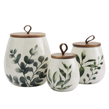 Tabletops Gallery Ceramic Canister Collection- Stoneware Designed Kitchen Storage Acacia Wood White Set, 3 Piece