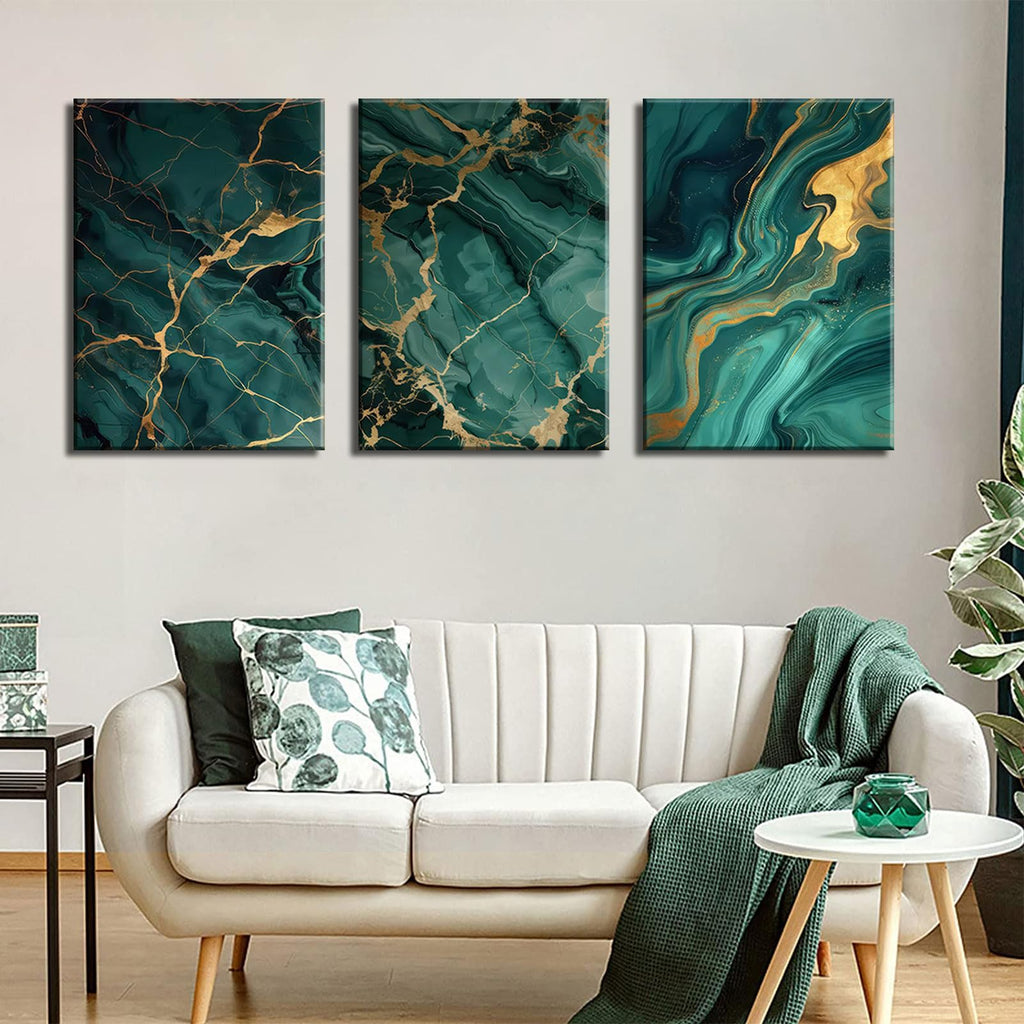 Emerald Green and Gold Canvas Wall Art Set of 3 Abstract Green Gold Marble Fluid Wall Decor Pictures Neutral Modern