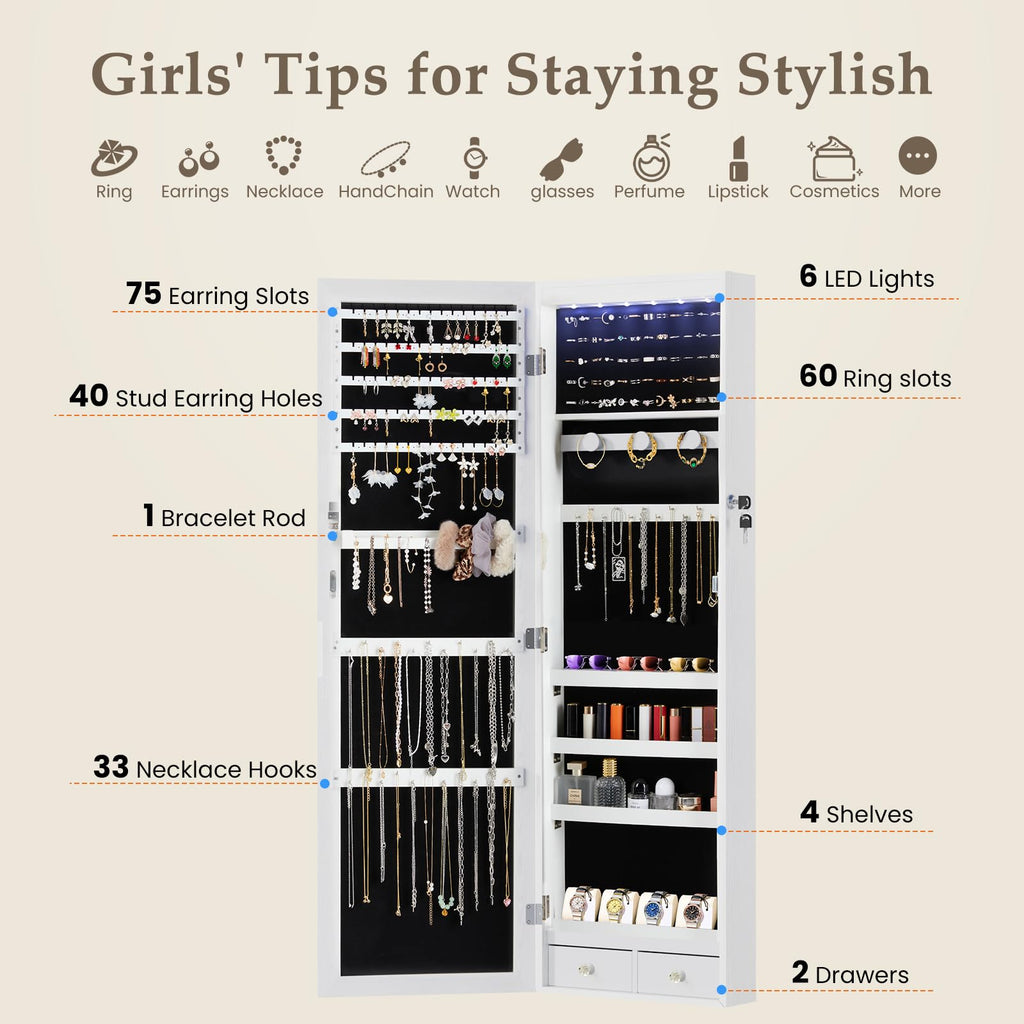 6 LEDs Mirror Jewelry Cabinet, Wall or Door Mounted Jewelry Organizer, 47.2-Inch Tall Lockable Large Capacity