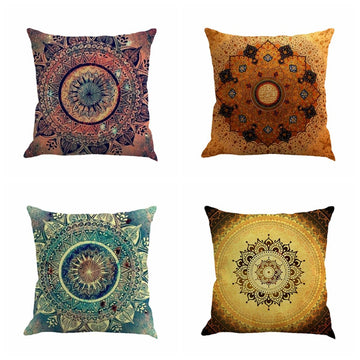 Set of 4 Retro Floral Mandala Compass Medallion Bohemian Pillow Covers Boho Decor Hippie Throw Pillows Decorative for