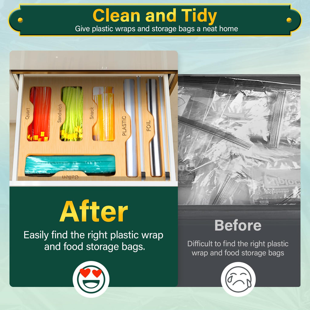 Bag Organizer and Plastic Wrap Dispenser with Cutter, 6 In 1 Bamboo Foil and Plastic Wrap Organizer Drawer, Food
