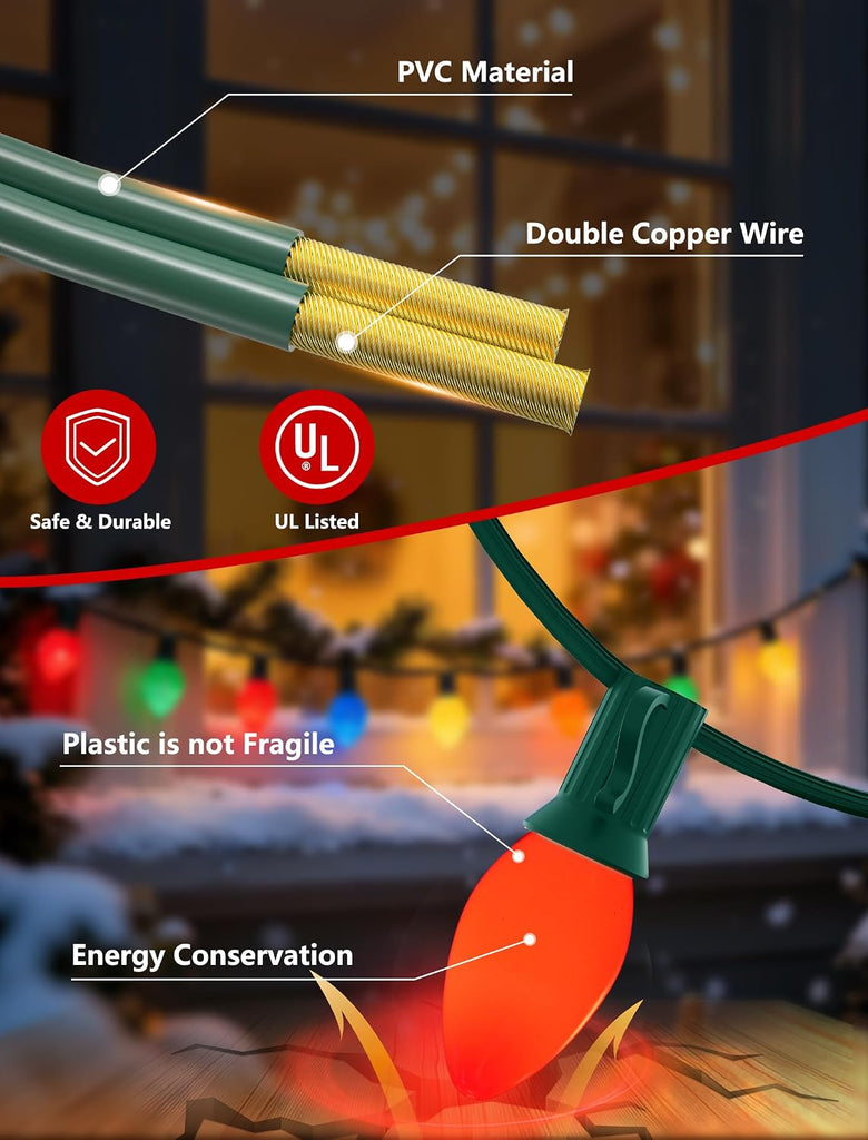 C7 LED Christmas Lights Outdoor,25FT Multicolor C7 Christmas Lights Indoor with 27 0.6w Bulb Fit E12 Base,Xmas Light