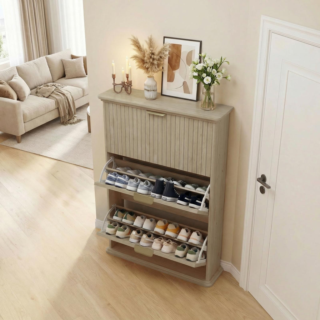 Natural Wood Hidden Shoe Storage Cabinet, Narrow Shoe Rack Cabinet with 3 Flip Drawers, Freestanding Shoe Organizer