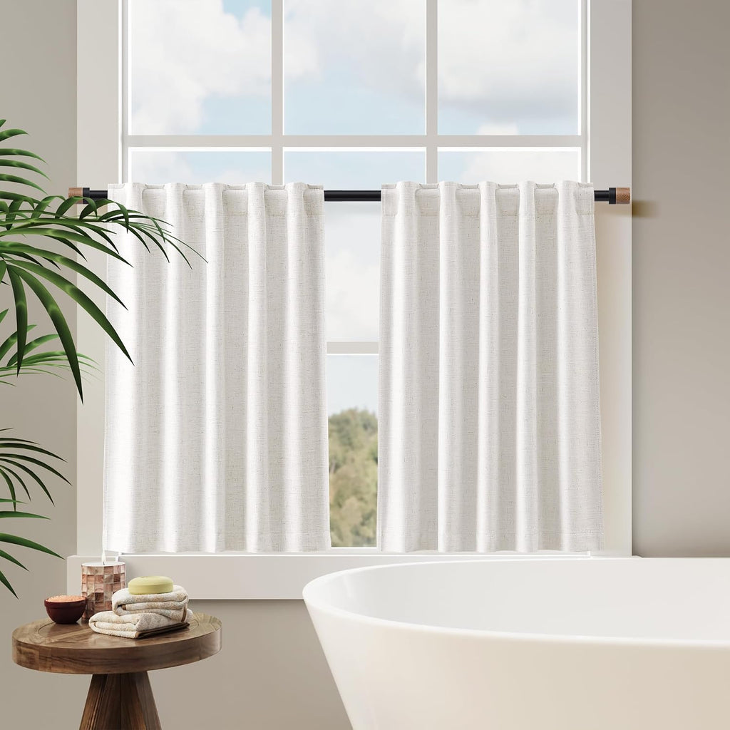 100% Blackout Kitchen Linen Curtains Back Tab Small Drape 36 Inch Length Privacy Natural Elegant Short Black Out Cafe