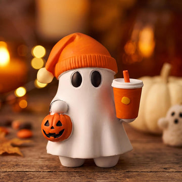 Cute Halloween Ghost Figurine with Pumpkin Bucket and Orange Drink