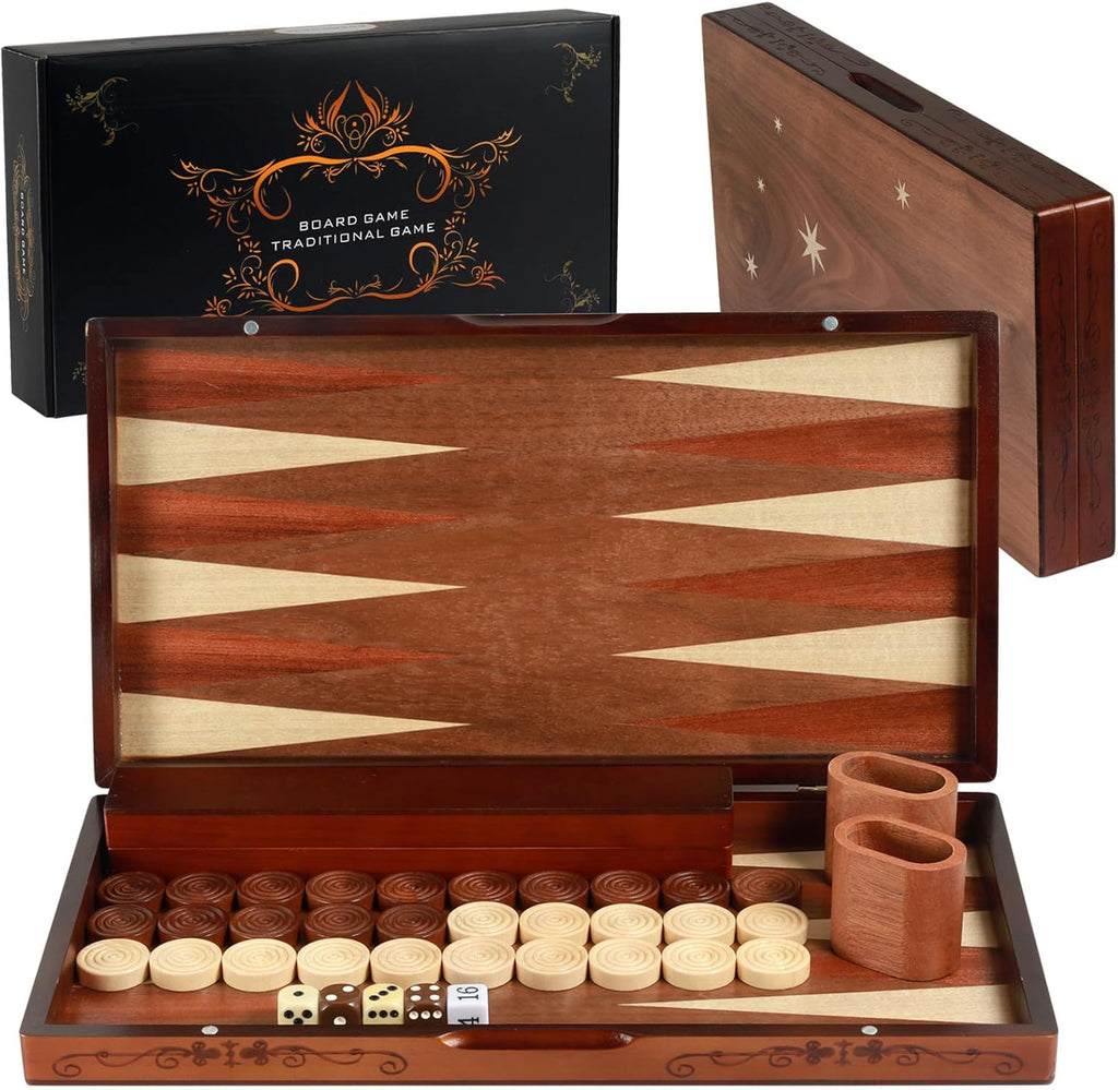 Handcrafted Wooden Backgammon Set - 16x15.3inch, Oversized Pieces, Intricate Carvings, Premium Travel Game Board