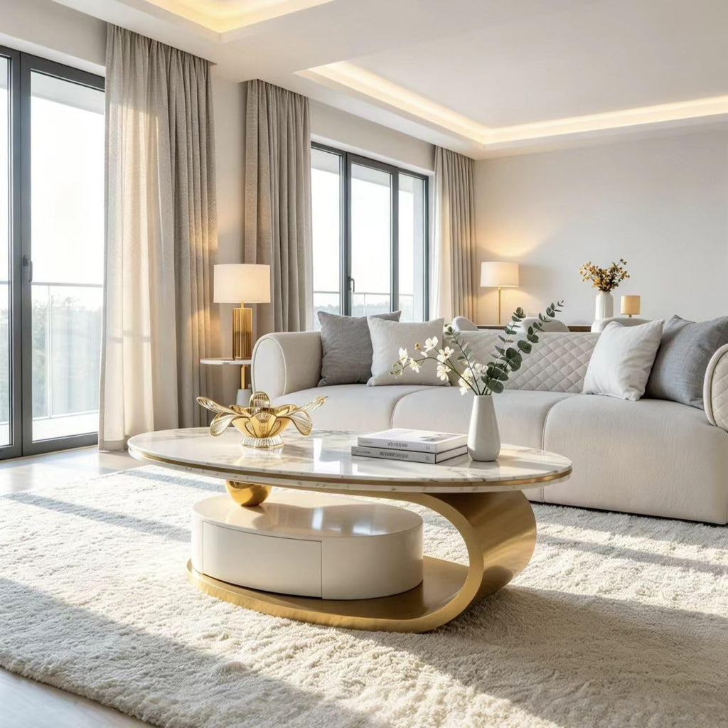 Oval Faux Marble Coffee Table with Storage Drawer, Luxury Gold Stainless Steel Base & Clear Tempered Glass Tabletop