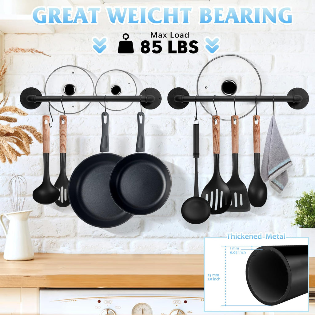 Pot Pan Rack Wall Mounted Set of 2, 21" Industrial Pipe Utensils Hanger Holder Pots Storage Organizer Iron Detachable