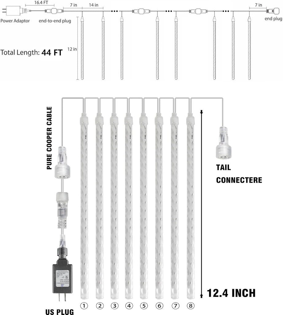 864 LED Christmas Light, Meteor Shower Rain Lights 11.8 Inch 24 Tubes, Waterproof Plug in Falling Rain Lights