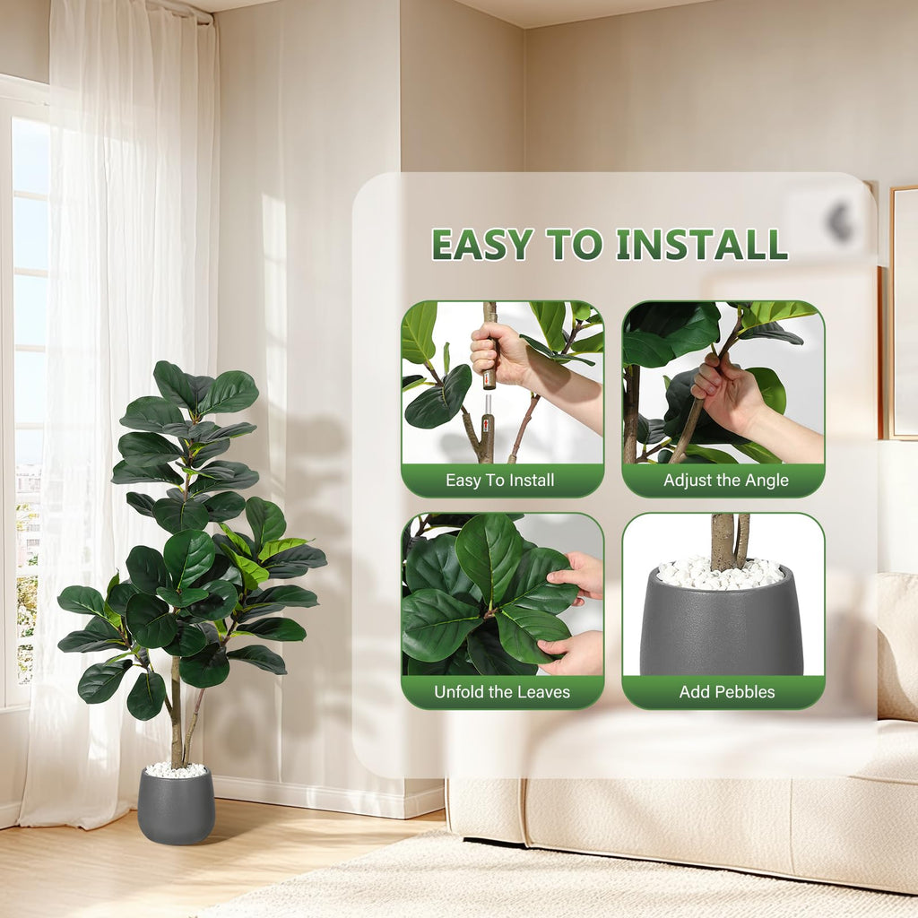 4 ft Fiddle Leaf Fig Tree Artificial with 48 Leaves - Realistic Faux Ficus Lyrata Trees in 7.8 in Grey Planter Pot