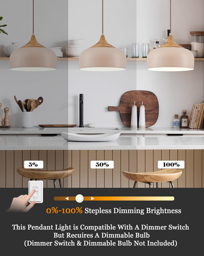 12 Inch Modern Japandi Pendant Light Island Farmhouse Hanging Lamp with Faux Pine Wood Grain Metal Shade, Adjustable