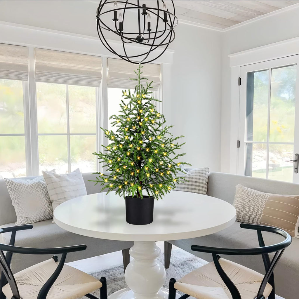 PreLit 3FT Norfolk Pine Christmas Tree - Realistic Potted Artificial Tree with 50 LED Lights & 8-Mode, Battery