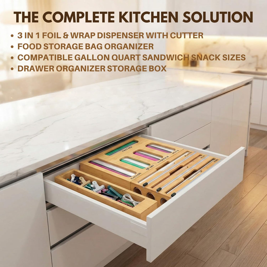 9 in 1 Bamboo Kitchen Drawer Organizer for Storage Bags, Foil & Plastic Wrap Holder with Built-In Cutter, Fits
