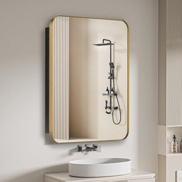 16" x 26" Bathroom Medicine Cabinet with Mirror Door, Brush Gold Stainless Steel Frame, Recessed or Surface