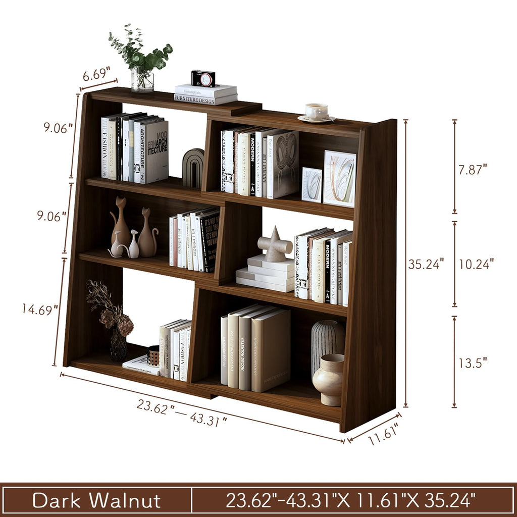 Wooden Extendable Shelf Bookcase, 3-Tier Low Bookshelf, Walnut, S