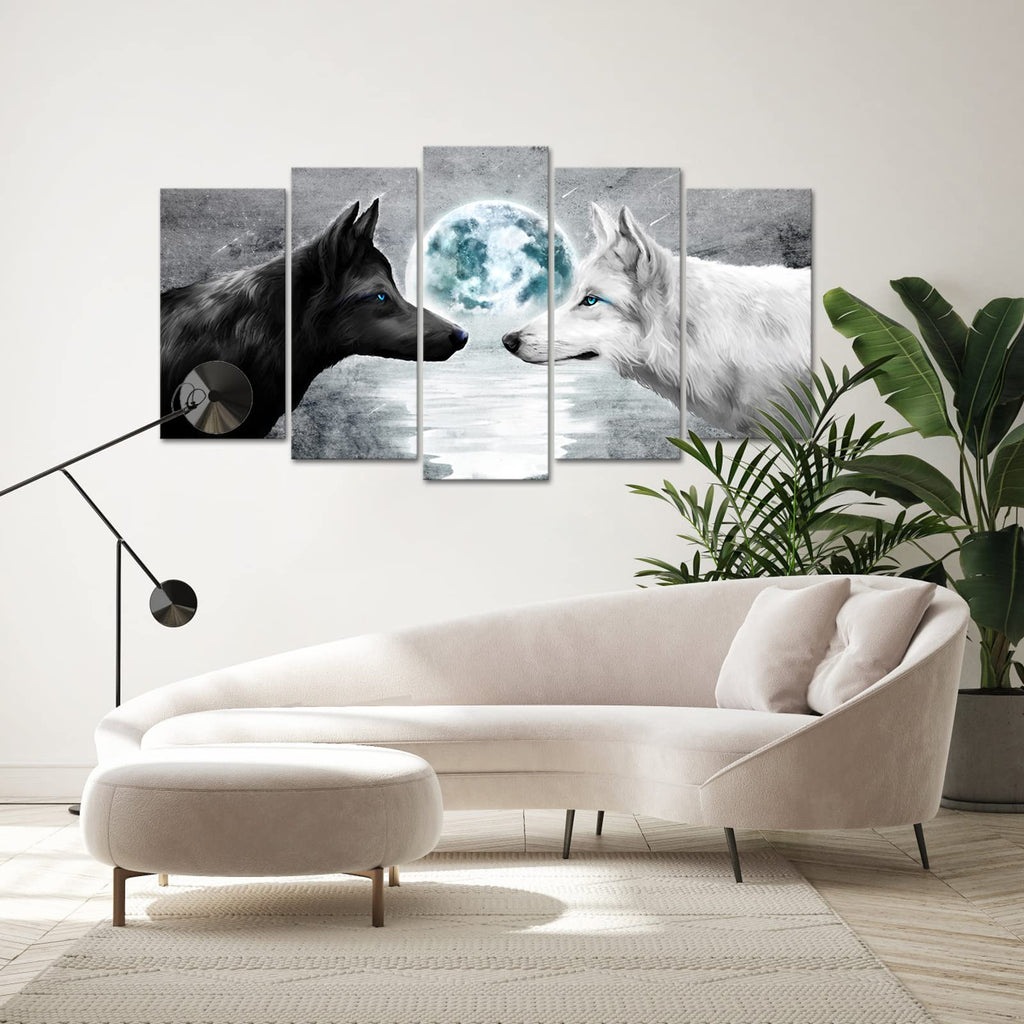 5 Pieces Black and White Wolves Painting Grey Blue Full Moon Seascape Picture Canvas Prints Gallery Wrapped Artwork